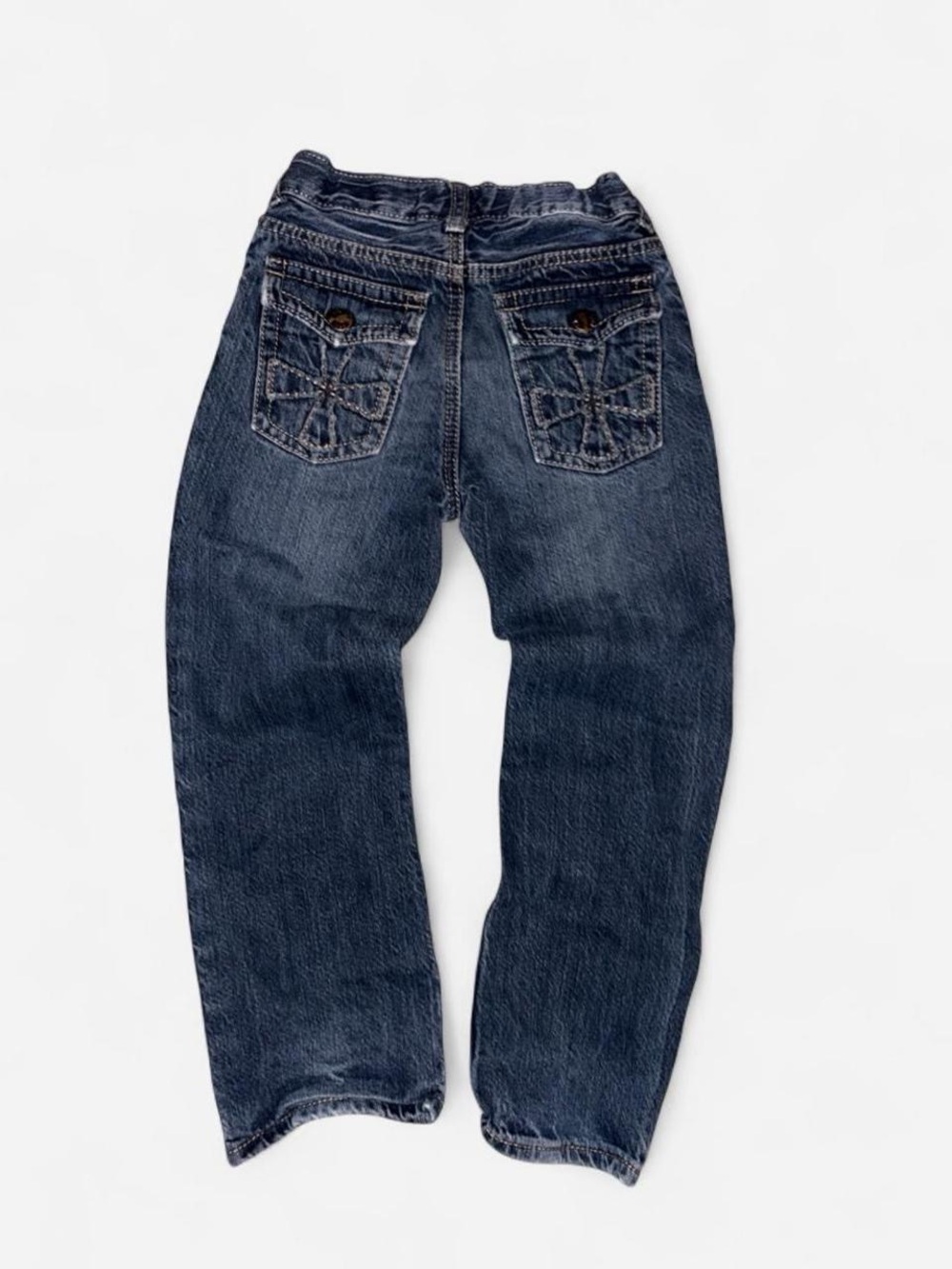 Y2K baggy blue jeans with a distressed grunge look and embroidered design
